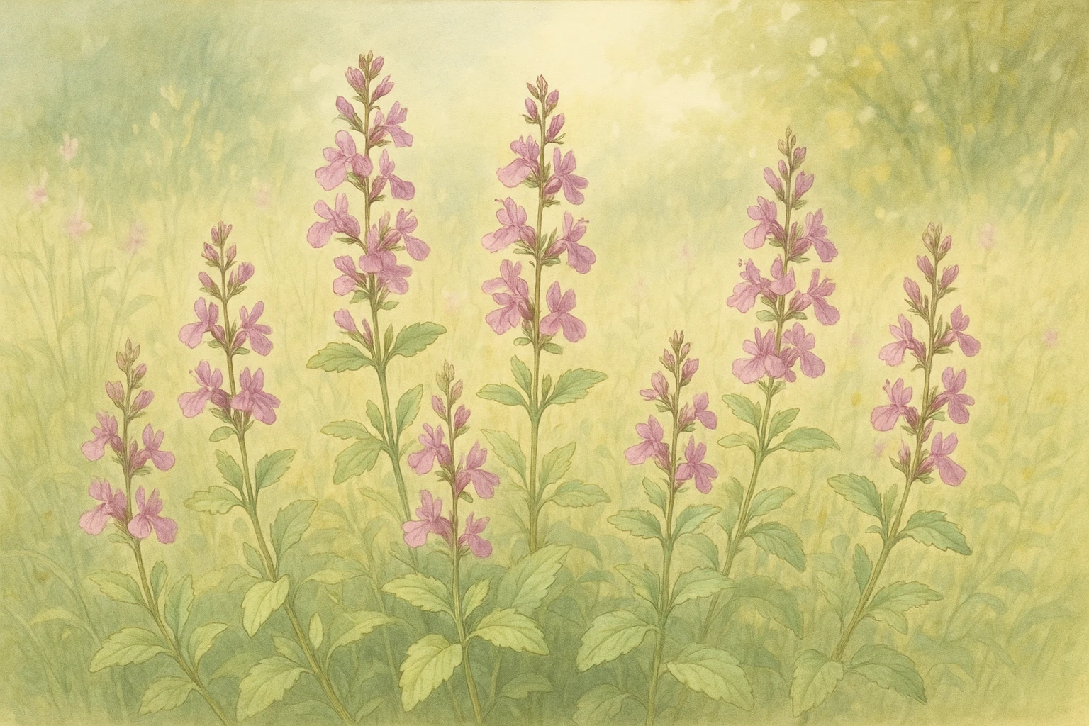 Creation by leesung: A horizontal illustration of Germander flowers in a summer meadow, delicate pink-purple blossoms on upright stems, surrounded by light green foliage, with soft sunlight filtering through, botanical illustration style