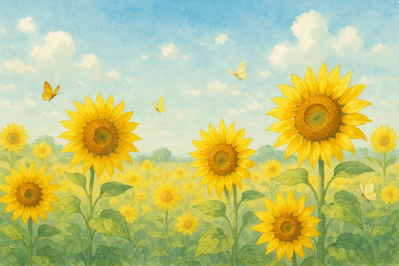 Creation by leesung: Sunflowers in full bloom under a bright summer sky, golden petals radiating from tall green stems, with a few butterflies fluttering nearby in a peaceful countryside field, soft watercolor illustration style, horizontal layout