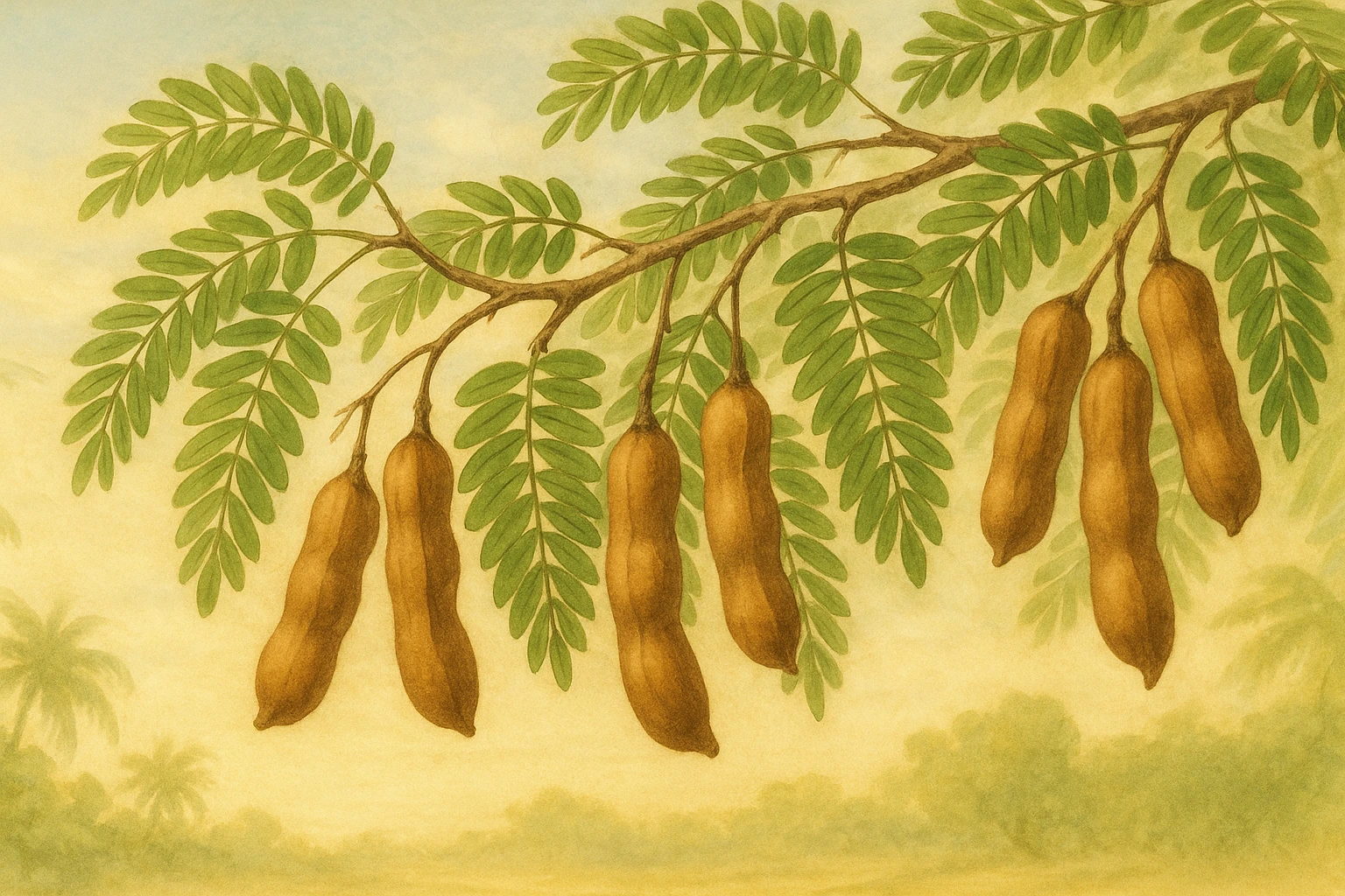 Creation by leesung: A horizontal illustration of Tamarind tree with long green compound leaves, brown pod-like fruits hanging from branches, and a warm tropical background – botanical art style, soft natural colors, sunny daylight, gentle breeze effect – Horizontal Layout, illustration