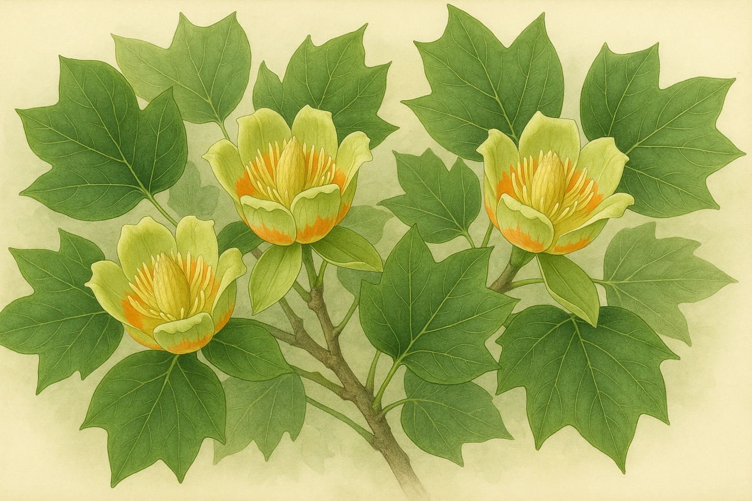 Creation by leesung: Horizontal layout, botanical illustration of a tulip tree (Liriodendron tulipifera) in summer bloom, detailed green leaves and tulip-shaped yellow-green flowers with orange bands, soft natural background, elegant and realistic style