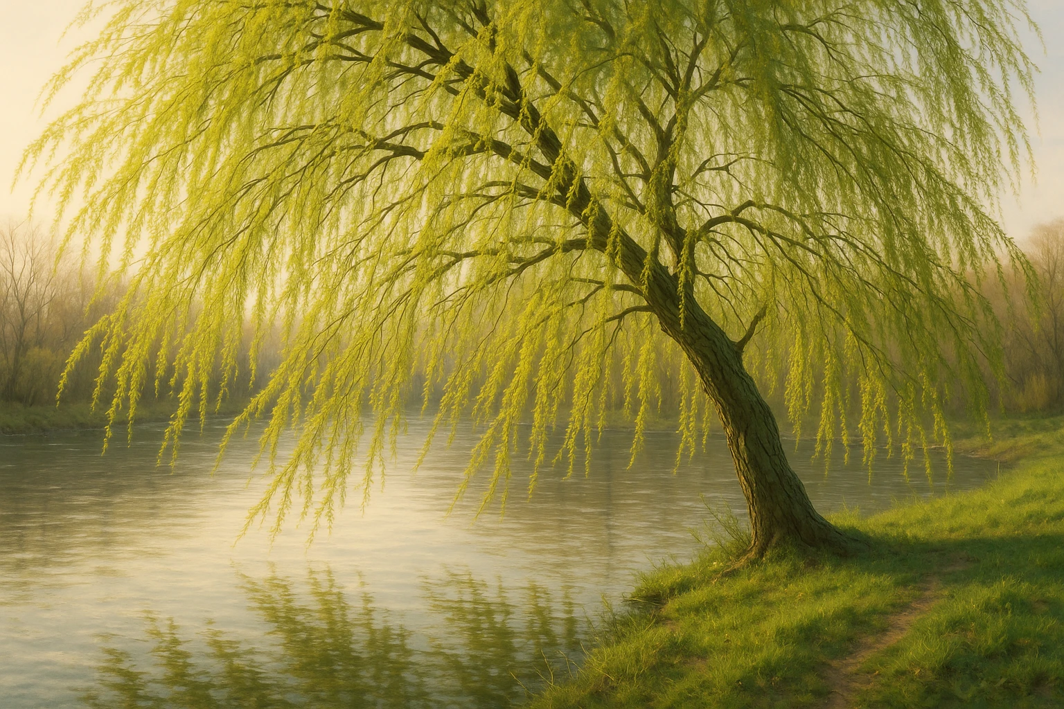 Creation by lad0305: Horizontal image, early spring riverside with a weeping willow tree swaying in the wind, soft and warm natural sunlight, willow branches casting reflections on the calm river, realistic style