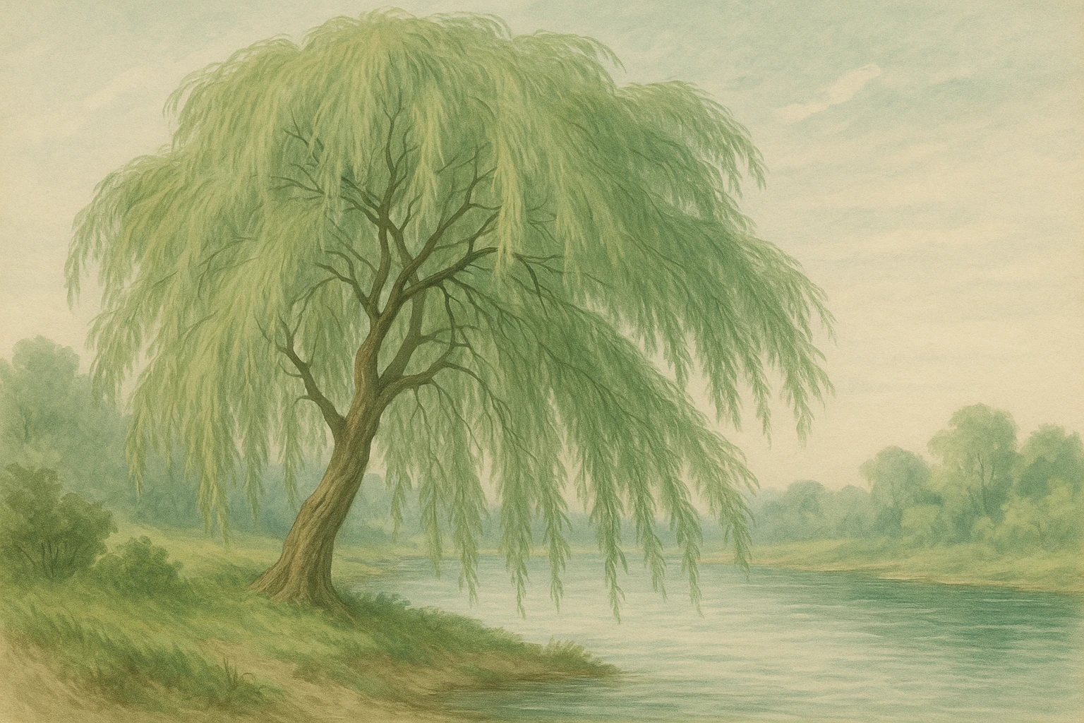 Creation by leesung: Horizontal Layout, illustration style, a graceful willow tree with long drooping branches beside a calm riverbank, soft green foliage swaying in the breeze, serene and poetic atmosphere