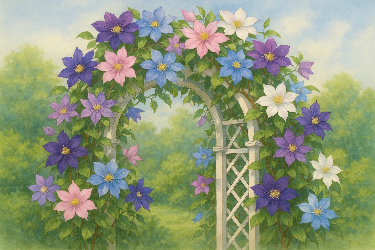 Creation by leesung: A lush garden scene with a white trellis covered in blooming Clematis vines. The Clematis flowers are in various colors—purple, pink, blue, and white—spilling gracefully across an arched garden structure under soft sunlight. The background shows green shrubs and a peaceful sky, emphasizing the elegance of the flowers in a tranquil setting.