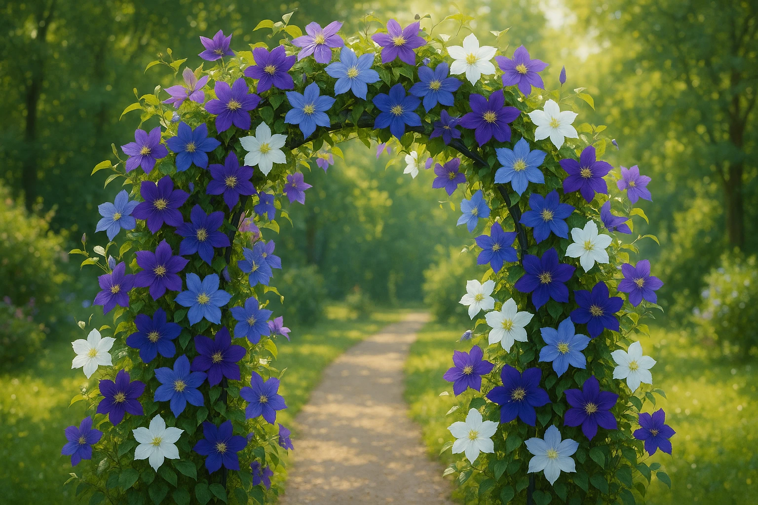 Creation by lad0305: Horizontal image, a scene of fully bloomed clematis flowers climbing and covering an arched garden structure, with blossoms in various colors (purple, blue, and white) blending together to create a natural and vibrant atmosphere, sunlight shining through a serene garden landscape, realistic style