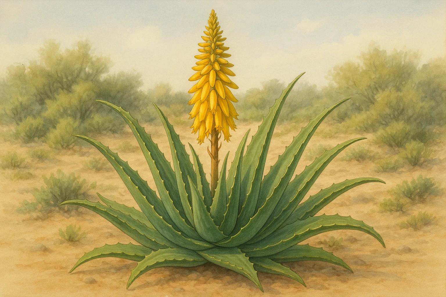 Creation by leesung: Aloe vera plant with fleshy green leaves and a tall yellow flower spike blooming in a desert garden, soft light, natural setting, healing plant illustration, Horizontal Layout