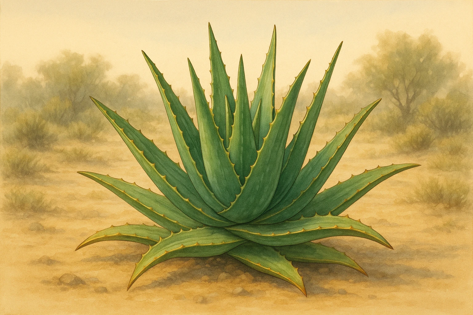 Creation by leesung: Aloe vera plant with fleshy green leaves growing in a desert garden, no flowers, soft light, natural setting, healing plant illustration, Horizontal Layout