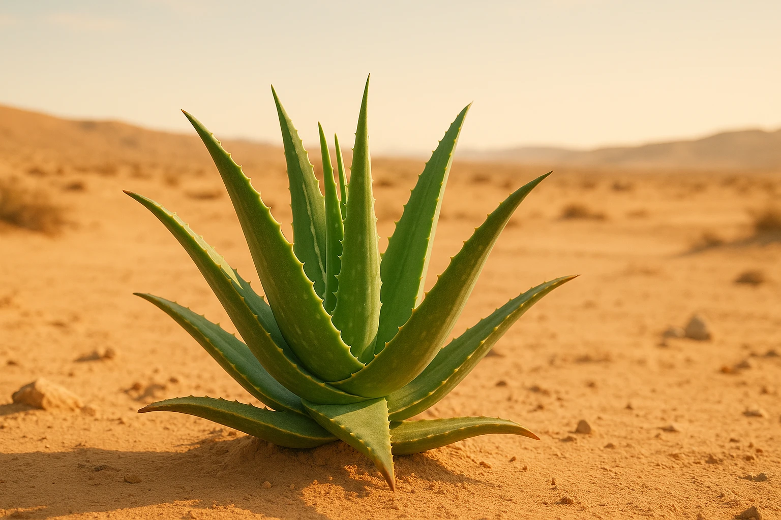 Creation by lad0305: Horizontal composition, aloe growing under warm sunlight, background with sand and arid desert landscape, natural atmosphere, high resolution