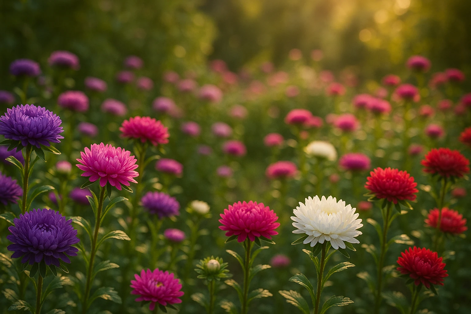 Creation by lad0305: Late summer garden filled with blooming China asters (Callistephus chinensis) in vibrant colors such as purple, pink, white, and red, arranged naturally in a lush landscape, soft golden sunlight shining through, gentle breeze moving the petals, highly detailed petals and green leaves, horizontal composition, realistic photography style, high resolution