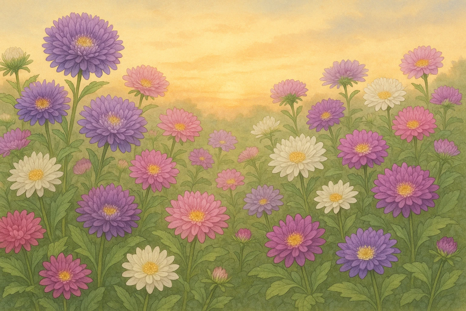 Creation by leesung: A horizontal illustration of a vibrant China aster (Callistephus chinensis) garden in full bloom during early autumn. The flowers are in various shades of purple, pink, and white, surrounded by lush green foliage, with a soft golden sunset in the background. The scene is peaceful, delicate, and detailed in an artistic, botanical illustration style.