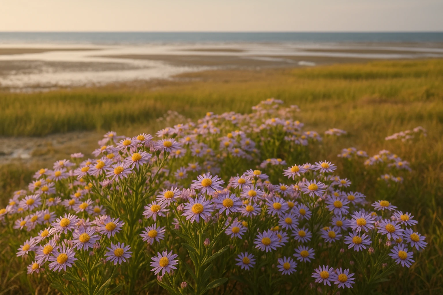 Creation by lad0305: Coastal salt marsh with wild sea asters in bloom, clusters of small purple and lavender daisy-like flowers covering the foreground, tidal flats and the ocean stretching out in the background, warm late summer and early autumn sunlight casting a golden glow, natural documentary style, horizontal layout