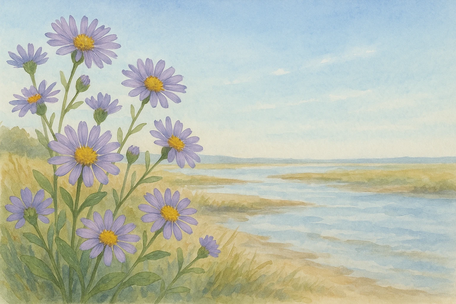 Creation by leesung: A coastal illustration of Tripolium pannonicum (Sea Aster) blooming near a tidal marsh, with purple daisy-like flowers under a clear autumn sky. Horizontal layout, soft watercolor style.