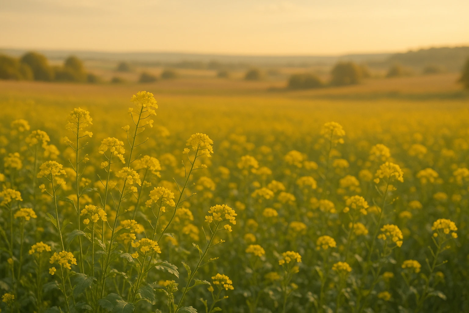 Creation by lad0305: A horizontal landscape of an autumn field, abundant yellow mustard flowers blooming and swaying in the wind under sunlight, warm and simple natural scenery, calm and peaceful atmosphere, no text