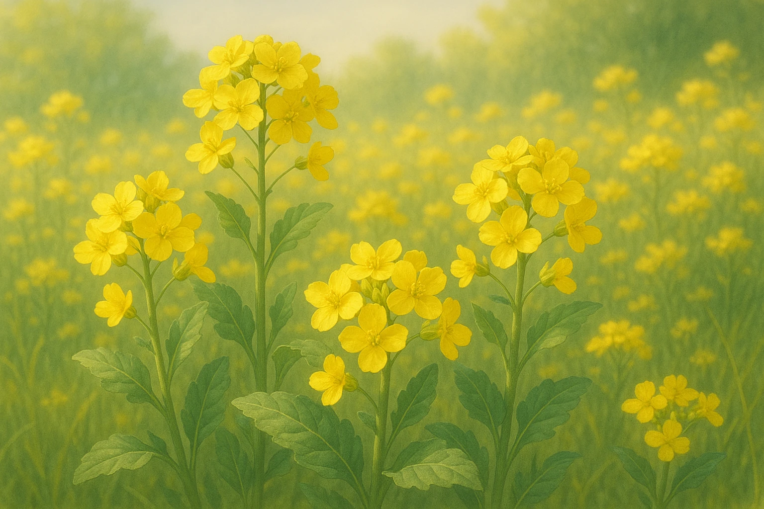 Creation by leesung: Horizontal layout, botanical illustration of yellow rapeseed (Brassica juncea) flowers in full bloom in a sunny meadow, delicate petals, green leaves, soft lighting, realistic style