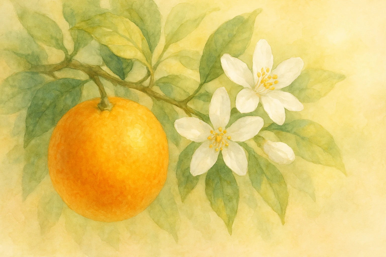 Creation by leesung: A single ripe orange fruit on a leafy branch, accompanied by delicate white orange blossoms in full bloom, horizontal layout, soft watercolor illustration, warm natural sunlight, botanical style, pastel tones, serene and romantic atmosphere