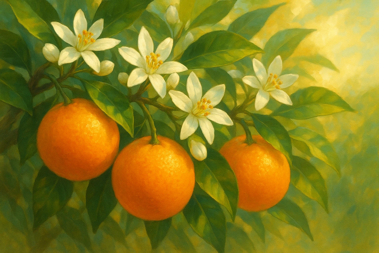 Creation by lad0305: Bright and elegant horizontal illustration of orange blossoms and ripe oranges on a branch, white fragrant flowers contrasted with vibrant orange fruits, soft sunlight filtering through green leaves, warm Mediterranean atmosphere, highly detailed, realistic yet artistic style