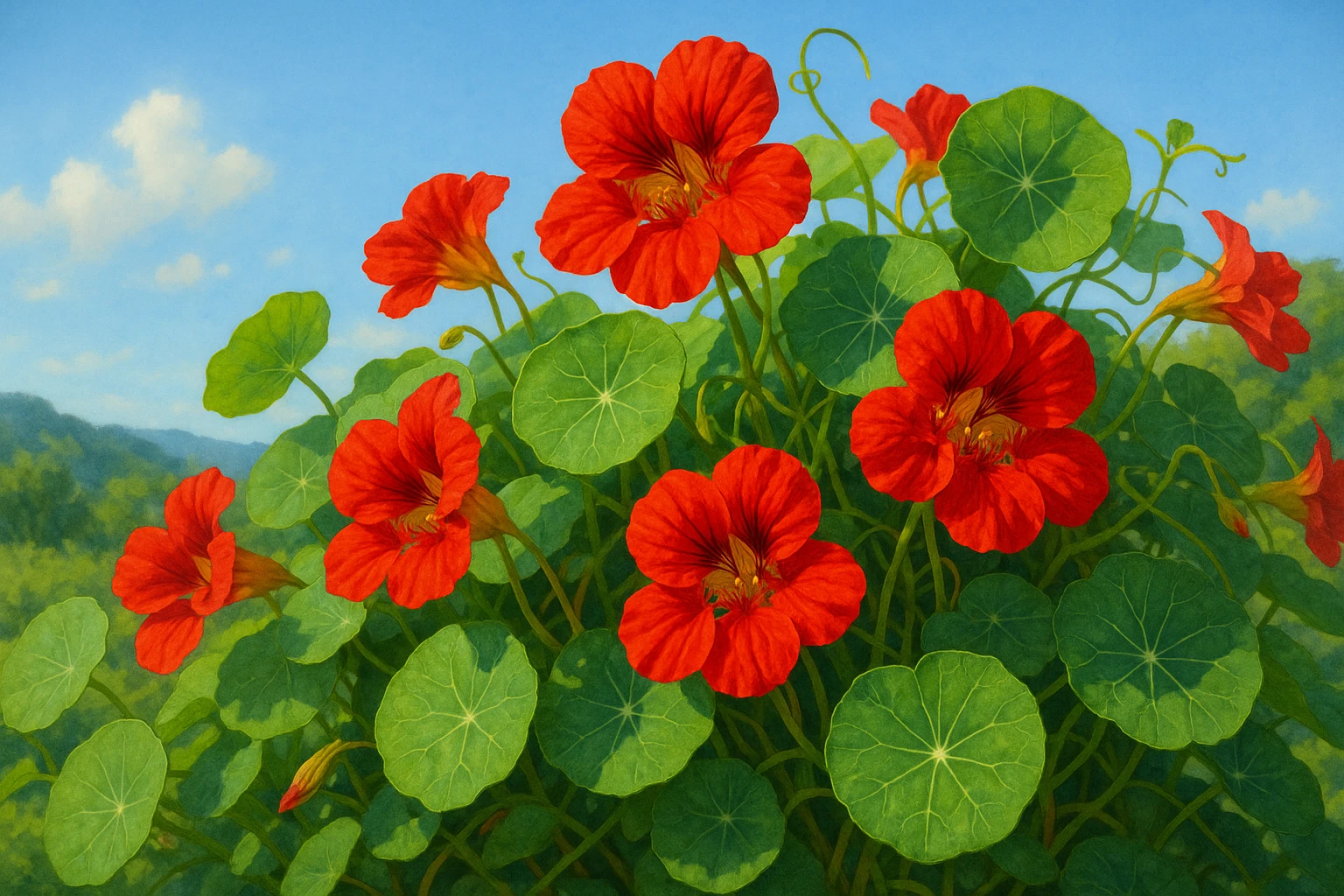 Creation by lad0305: A scene of vibrant red nasturtium flowers in full bloom under bright sunlight, intertwined with wide, round shield-like leaves, set against a backdrop of blue sky and natural scenery, in a realistic style with vivid colors, horizontal layout