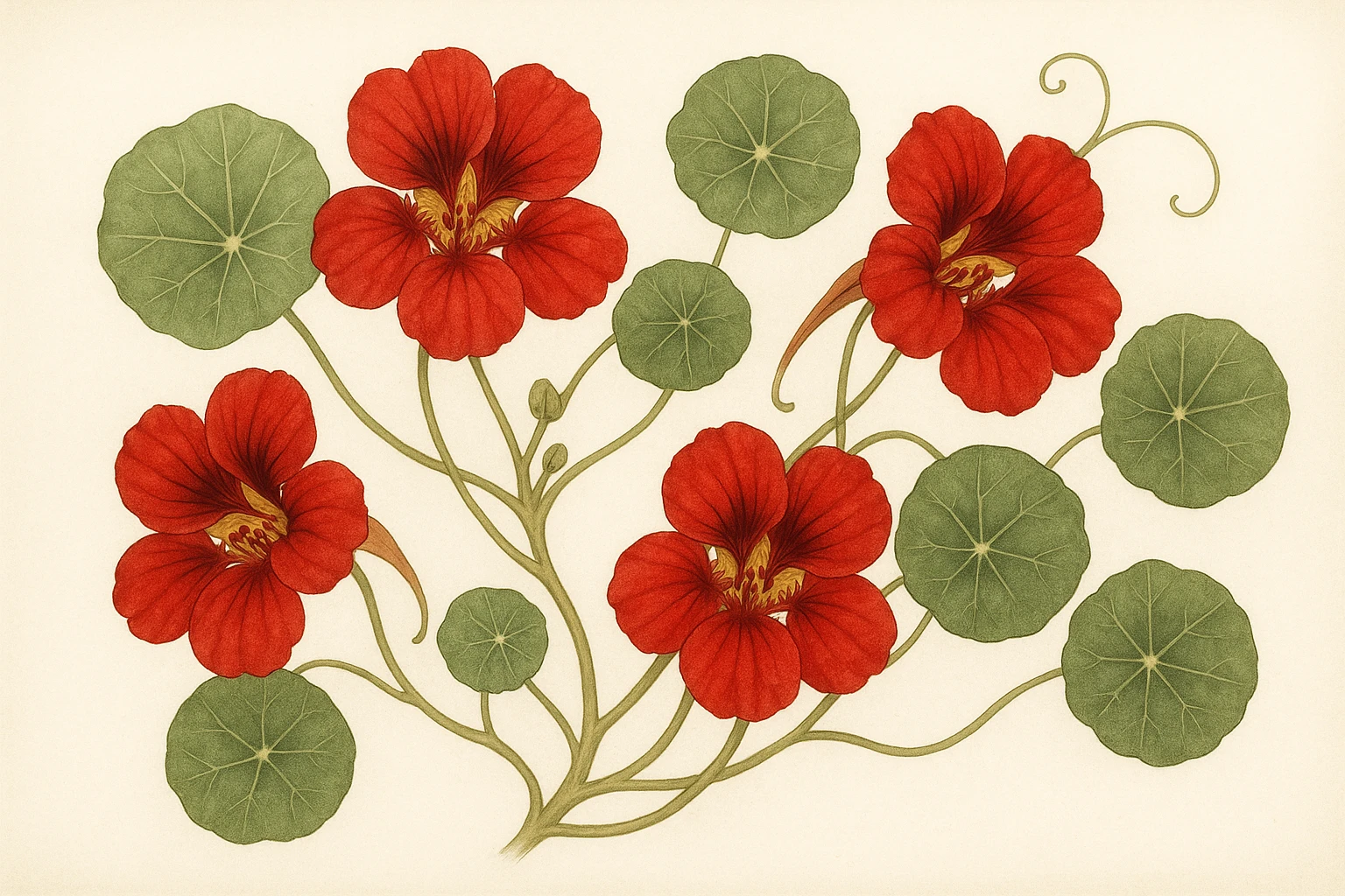 Creation by leesung: Horizontal layout, botanical illustration of Tropaeolum majus (nasturtium) in full bloom, vibrant red flowers, round shield-like green leaves, climbing vine, vintage floral style, soft watercolor texture, white background