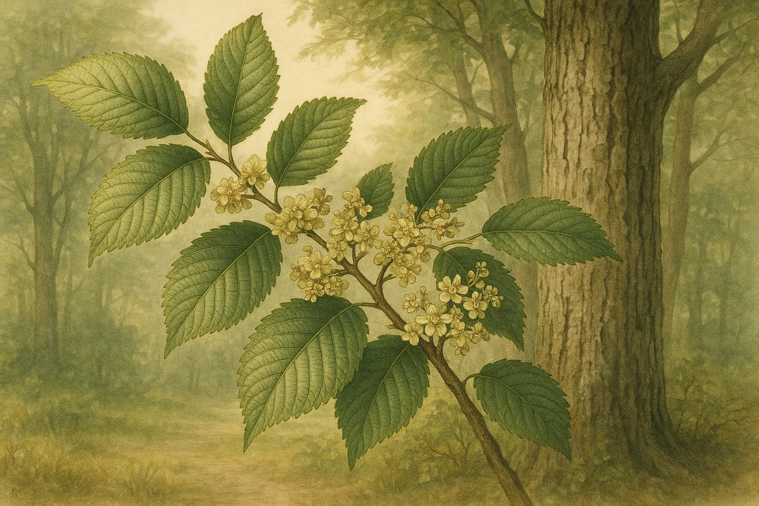 Creation by leesung: Horizontal layout, detailed botanical illustration of Ulmus (Elm tree) in a natural forest setting, focusing on leaves, bark texture, and small flowers, gentle lighting, early autumn mood, high detail, soft color tones