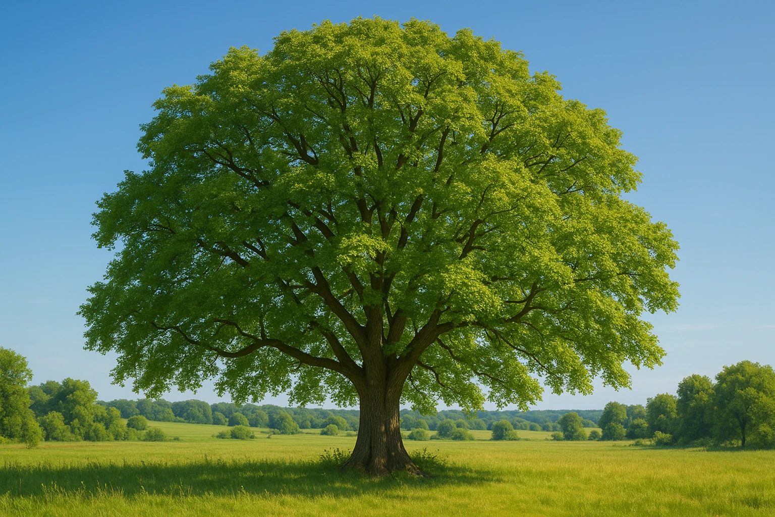 Creation by lad0305: Horizontal image, a majestic elm tree standing tall under a clear blue sky, with a thick sturdy trunk and wide spreading branches, lush green leaves glowing in the sunlight, surrounded by a peaceful meadow and natural landscape, realistic nature scenery style
