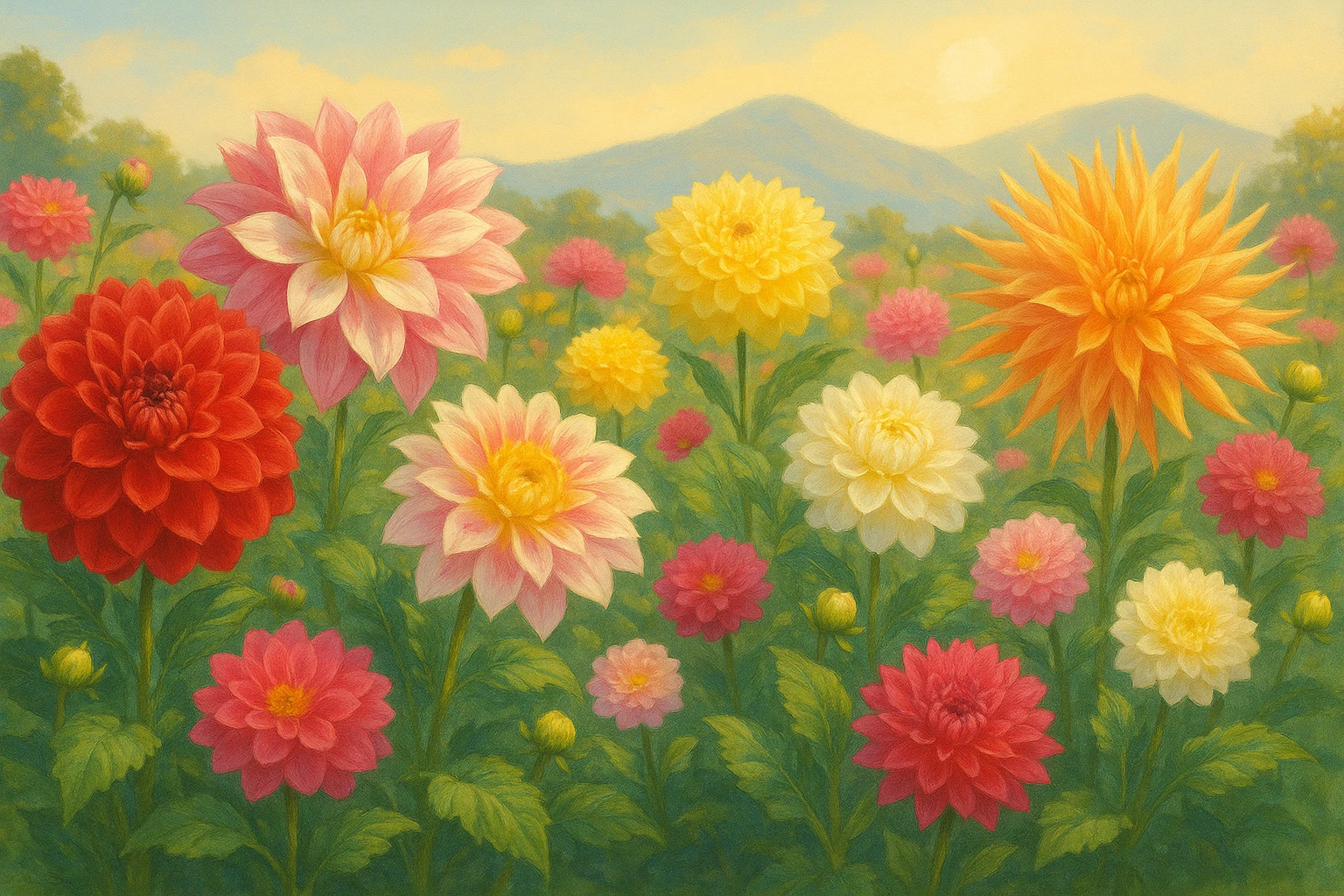 Creation by leesung: A horizontal illustration of a vibrant dahlia garden in full bloom, showcasing various dahlia flower forms such as decorative, cactus, pompon, and dinnerplate types, with vivid colors like red, pink, yellow, and white. A soft sunlit background highlights the lush green leaves and layered petal textures. Include a subtle mountain backdrop hinting at a highland origin.