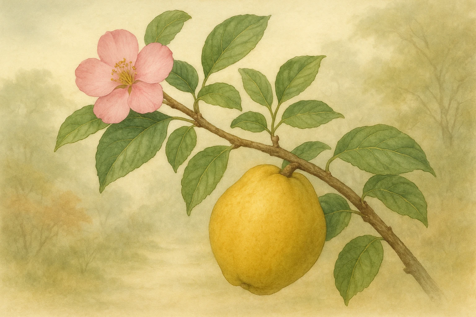 Creation by leesung: A horizontal illustration of a flowering Chinese quince (Pseudocydonia sinensis) tree branch with a single pink blossom and green leaves, featuring a ripe golden-yellow quince fruit. The background is a soft, misty autumn garden in East Asia, with gentle light and subtle textures. Botanical art style.