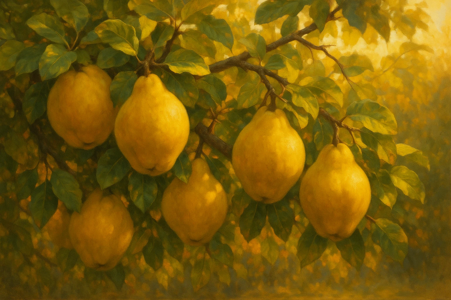 Creation by lad0305: Ripe golden quince fruits hanging abundantly from the branches, with soft sunlight filtering through the leaves, a realistic painting, warm color tones, horizontal composition, no text