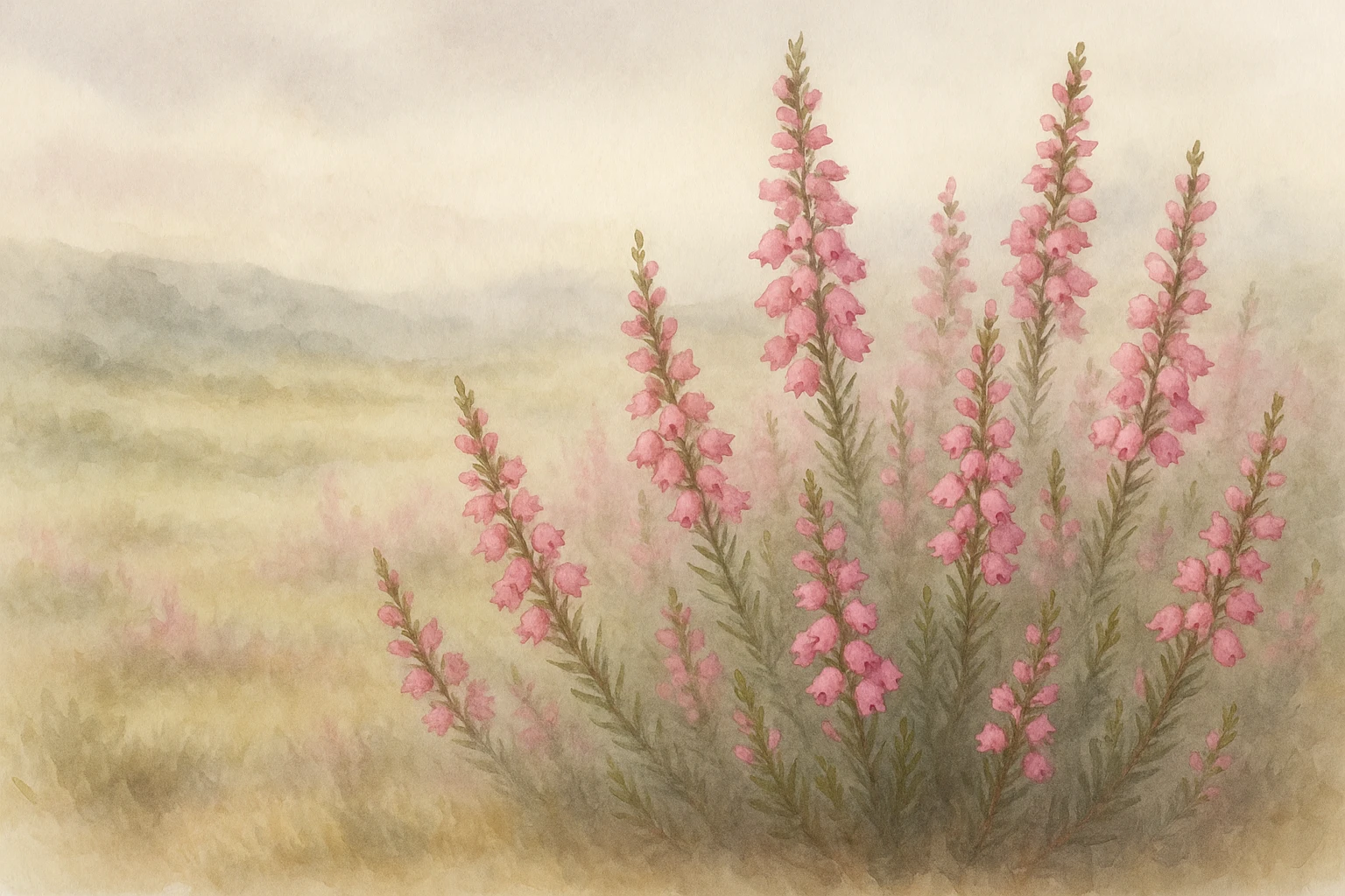 Creation by leesung: A horizontal botanical illustration of Erica (heather), small bell-shaped flowers in shades of pink, growing on slender evergreen stems with needle-like leaves, in a misty Scottish moor or South African fynbos landscape, soft lighting, watercolor style, elegant and serene.