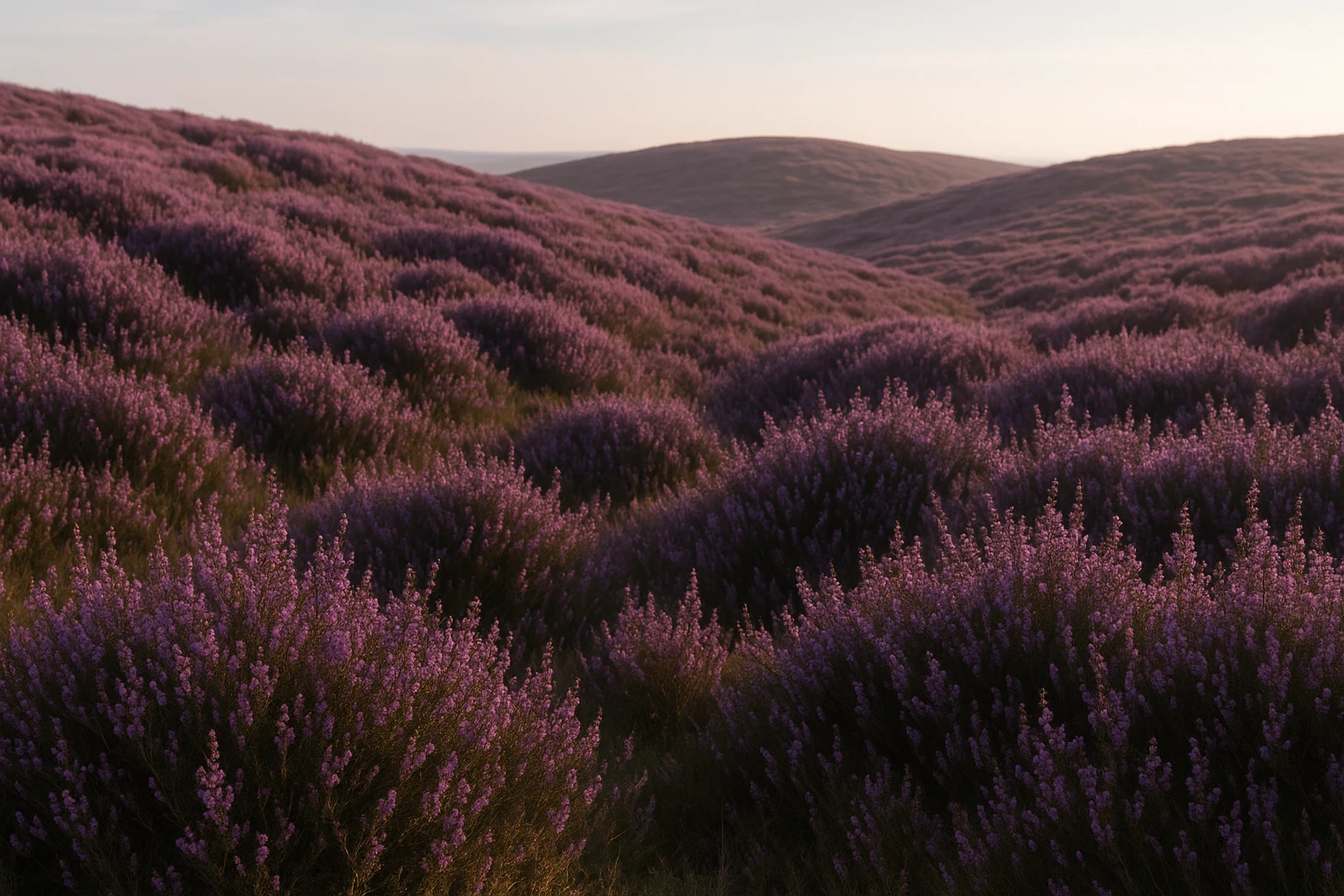 Creation by lad0305: Wide landscape of blooming Erica (heath or heather) covering rolling hills, delicate bell-shaped flowers in shades of purple, under soft sunlight, natural and serene atmosphere, horizontal composition, no text