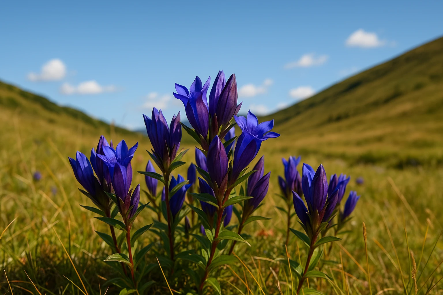 Creation by lad0305: Deep blue and purple gentian flowers blooming in an alpine meadow under a clear blue sky, glowing vividly in the autumn sunlight, natural scenery, high resolution, horizontal composition