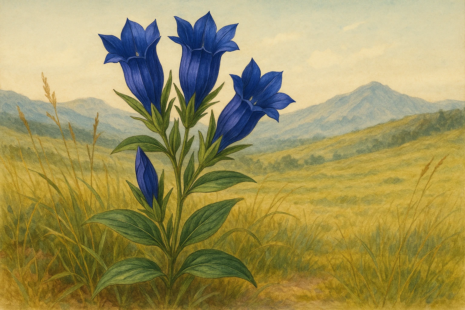 Creation by leesung: Horizontal layout, botanical illustration of Gentiana scabra in bloom, deep blue-violet tubular flowers, mountain grassland background, early autumn light, realistic yet artistic style
