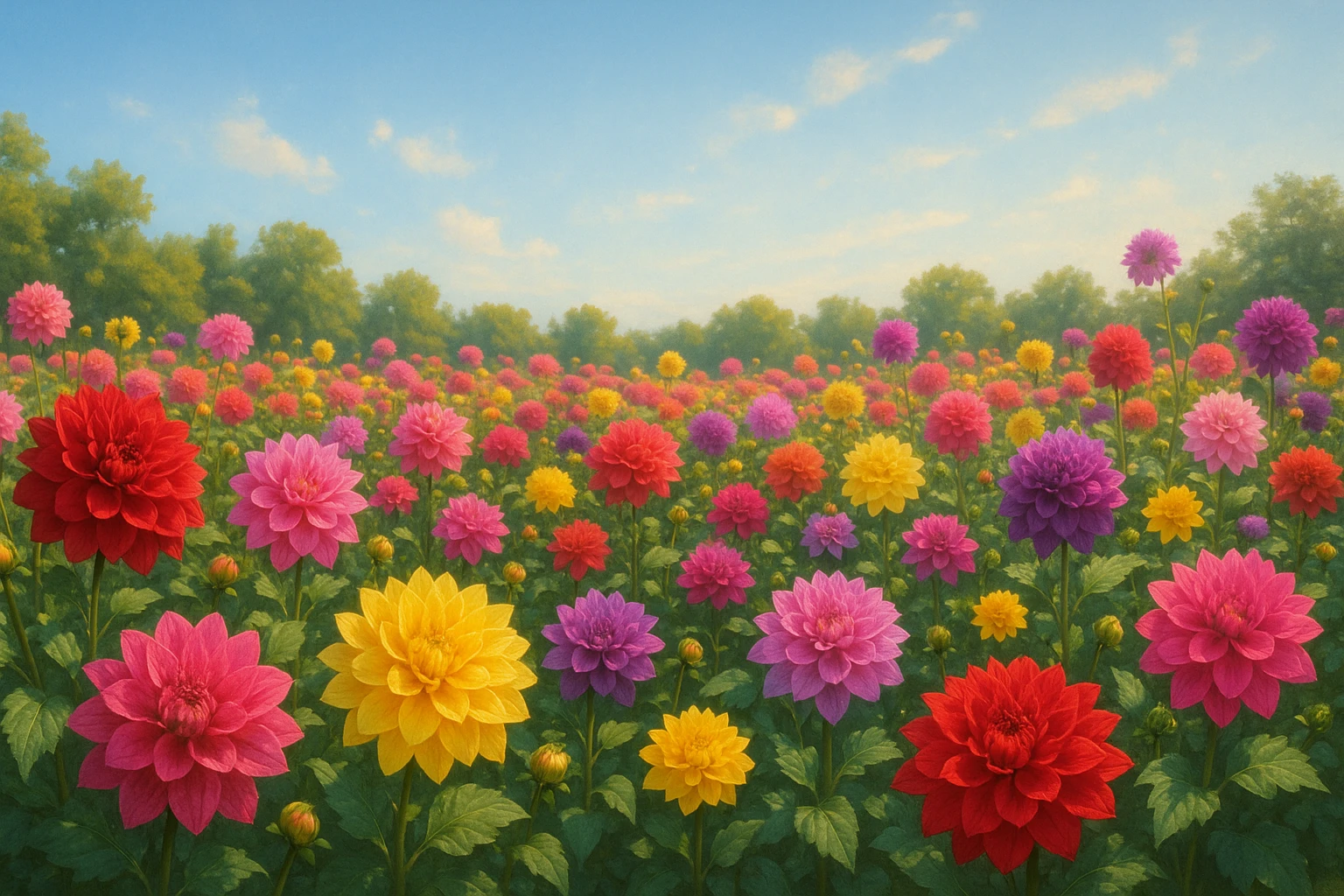 Creation by lad0305: A wide garden filled with blooming dahlias in vibrant colors, with red, pink, yellow, and purple flowers harmoniously in full bloom, set against a backdrop of blue sky and warm sunlight, horizontal composition, high resolution, realistic style