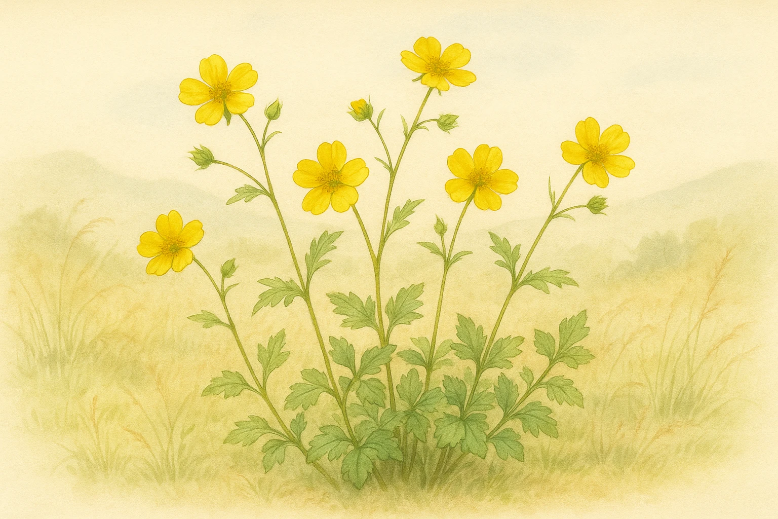 Creation by leesung: A horizontal botanical illustration of Geum japonicum (Asian avens) in early autumn, with bright yellow five-petaled flowers, soft green lobed leaves, and slender stems, growing in a natural mountain meadow with a gentle breeze – delicate and realistic illustration style.