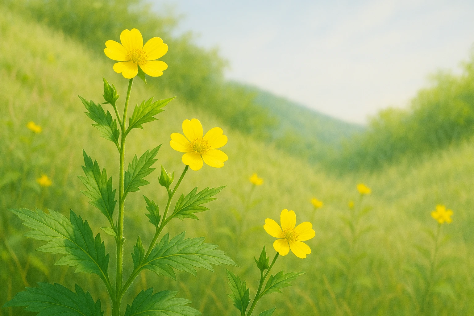 Creation by lad0305: Realistic depiction of Geum japonicum with small five-petaled vivid yellow flowers blooming one by one at the tip of each stem, bright clear background with soft sunlight, green serrated pinnate leaves, early autumn hillside field, enhanced vibrant yellow petals, realistic botanical illustration style, horizontal composition