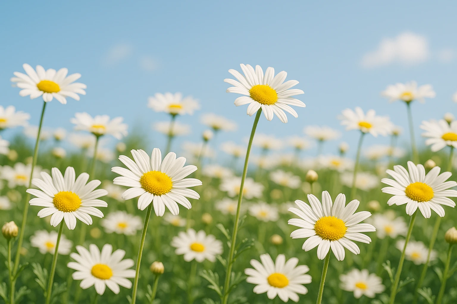Creation by lad0305: A serene summer garden under a clear blue sky, filled with blooming white marguerite flowers, their yellow centers glowing warmly in the sunlight, gently swaying in a soft breeze, natural and bright atmosphere, horizontal composition, high resolution, realistic style