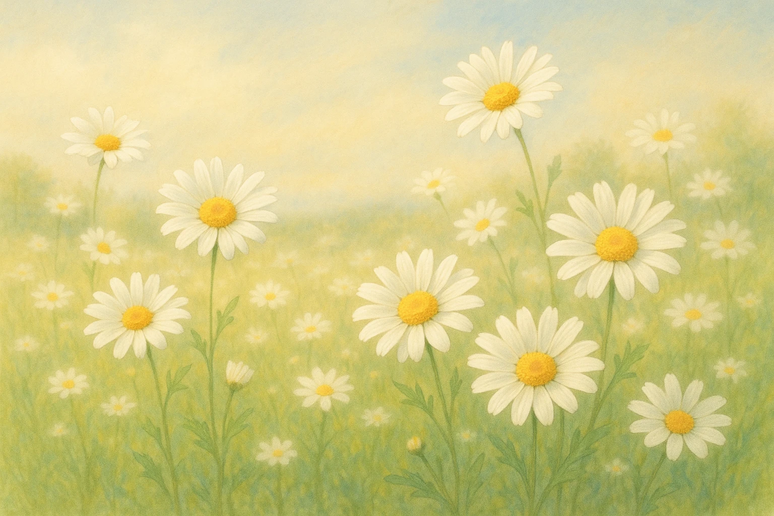 Creation by leesung: Horizontal layout, illustration style, white marguerite flowers blooming in a sunlit meadow, soft pastel background, gentle breeze, realistic botanical details, serene and bright atmosphere