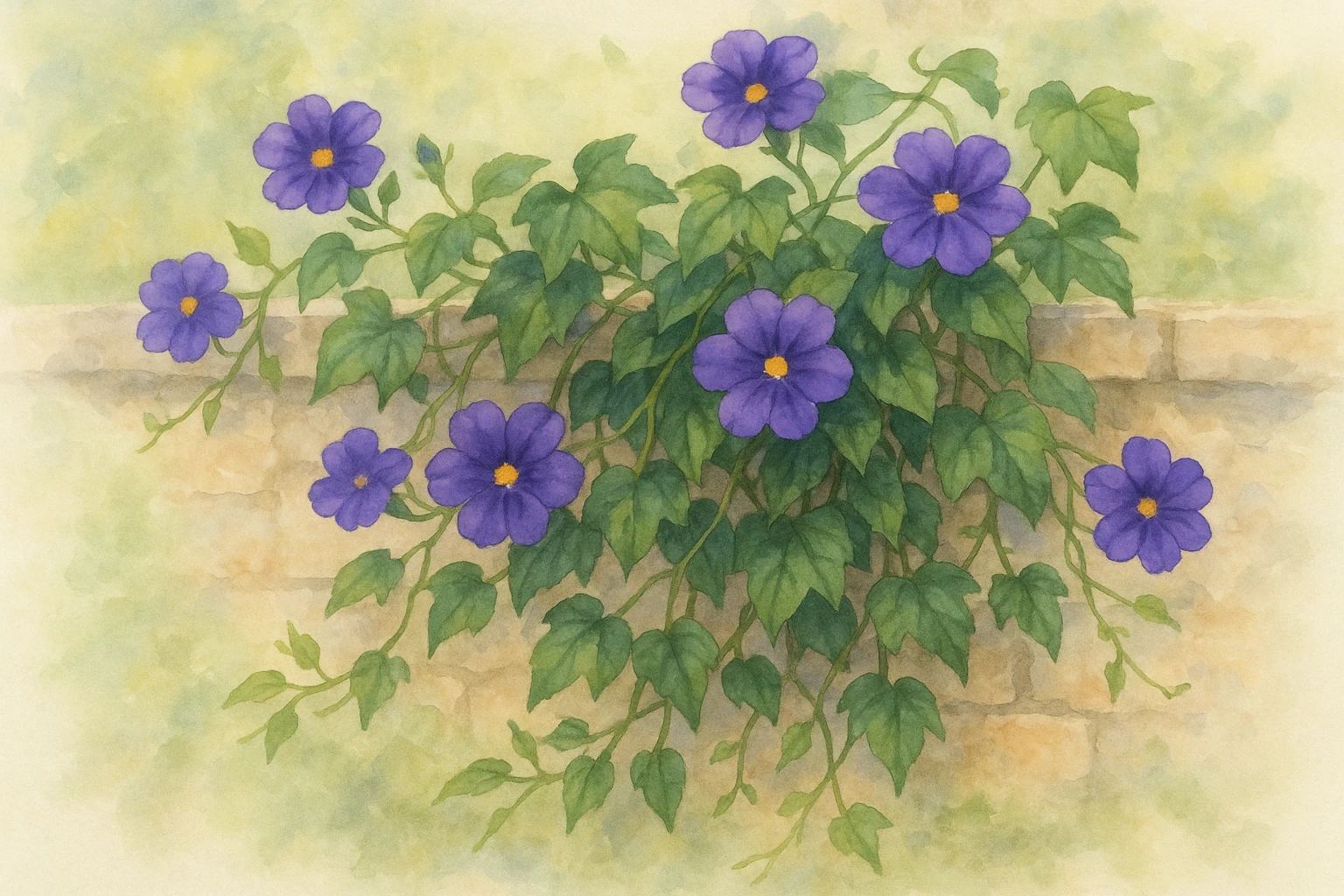 Creation by leesung: Horizontal layout, soft botanical illustration of Mexican Ivy (Senecio confusus) climbing on a rustic garden wall, vibrant purple flowers with lush green foliage, late summer sunlight, peaceful and natural background, watercolor style