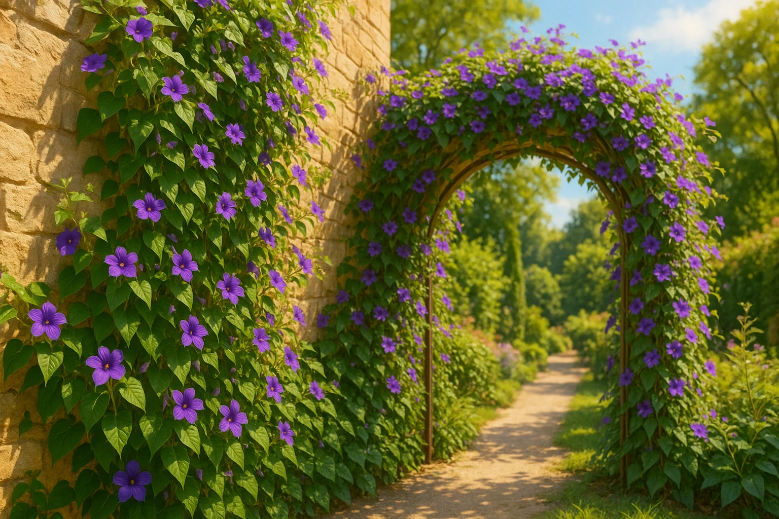Creation by lad0305: Mexican ivy climbing walls and arch structures in a late summer garden, blooming with vibrant purple flowers, bathed in warm sunlight, bright and lively atmosphere, horizontal composition