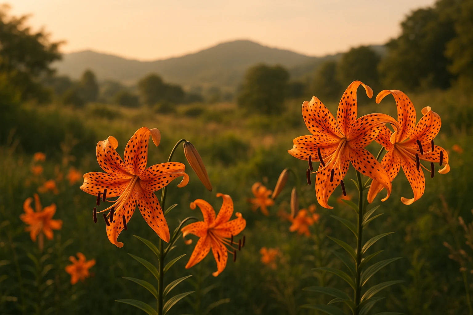 Creation by lad0305: Late summer landscape with vibrant orange tiger lilies in full bloom, dark spots on petals resembling tiger stripes, soft sunlight of early autumn, natural setting in Korea, horizontal layout