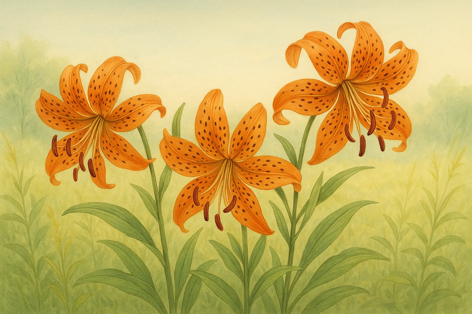 Creation by leesung: A horizontal illustration of tiger lily flowers in full bloom in a summer meadow, with vivid orange petals speckled with dark spots, surrounded by green leaves under soft sunlight – botanical illustration style, realistic yet artistic, serene background, horizontal layout