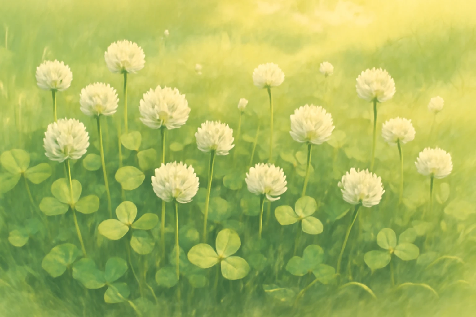 Creation by leesung: A horizontal illustration of white clover (Trifolium repens) blooming in a summer meadow, surrounded by soft green grass, gentle sunlight casting warm shadows, delicate three-leaf clovers with small white flower clusters, peaceful and natural botanical scene – illustration style.