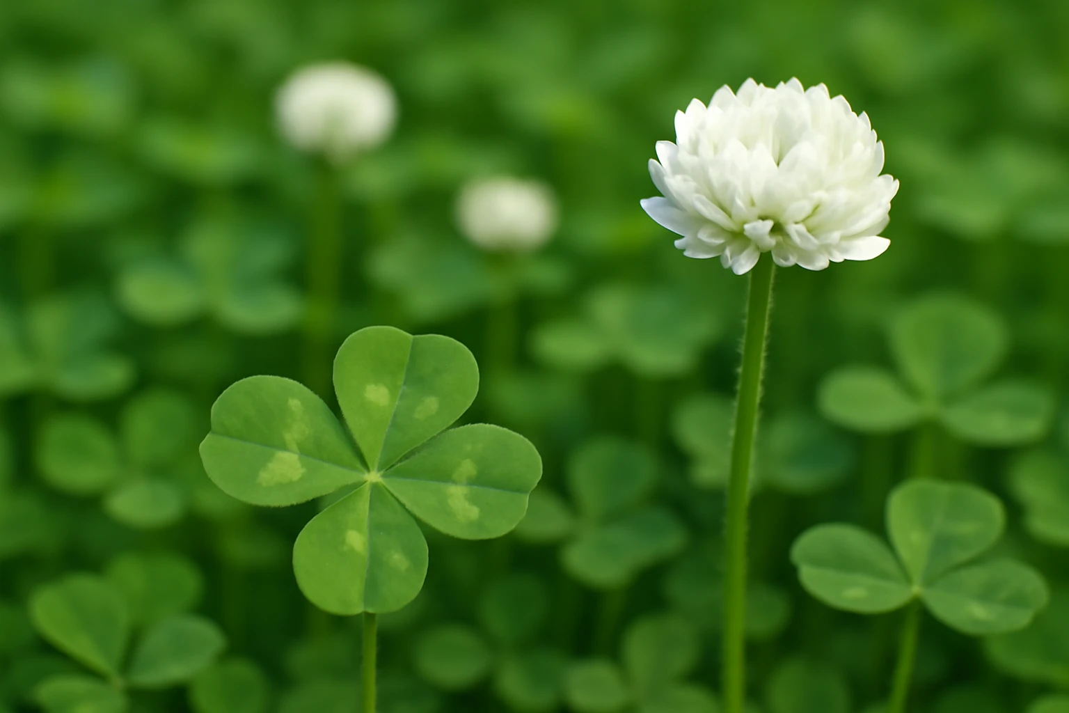 Creation by lad0305: Close-up photograph of a white clover (Trifolium repens) in full bloom, with delicate white florets clustered on a slender green stem. In the foreground, a rare four-leaf clover with heart-shaped leaflets marked by faint green centers contrasts beautifully with the surrounding green leaves. Soft, diffused sunlight highlights the vibrant natural colors and textures of the scene. horizontal layout
