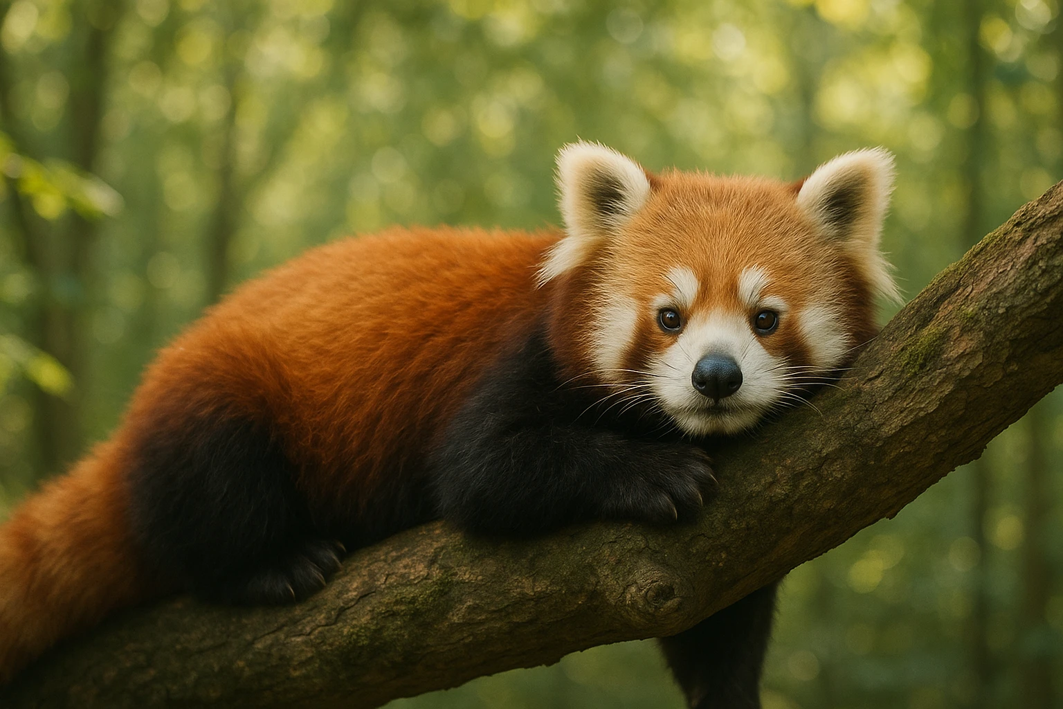 Creation by creationbyai: A realistic photograph of a red panda resting on a tree branch, with detailed fur texture, natural forest background, soft sunlight filtering through the leaves, horizontal composition