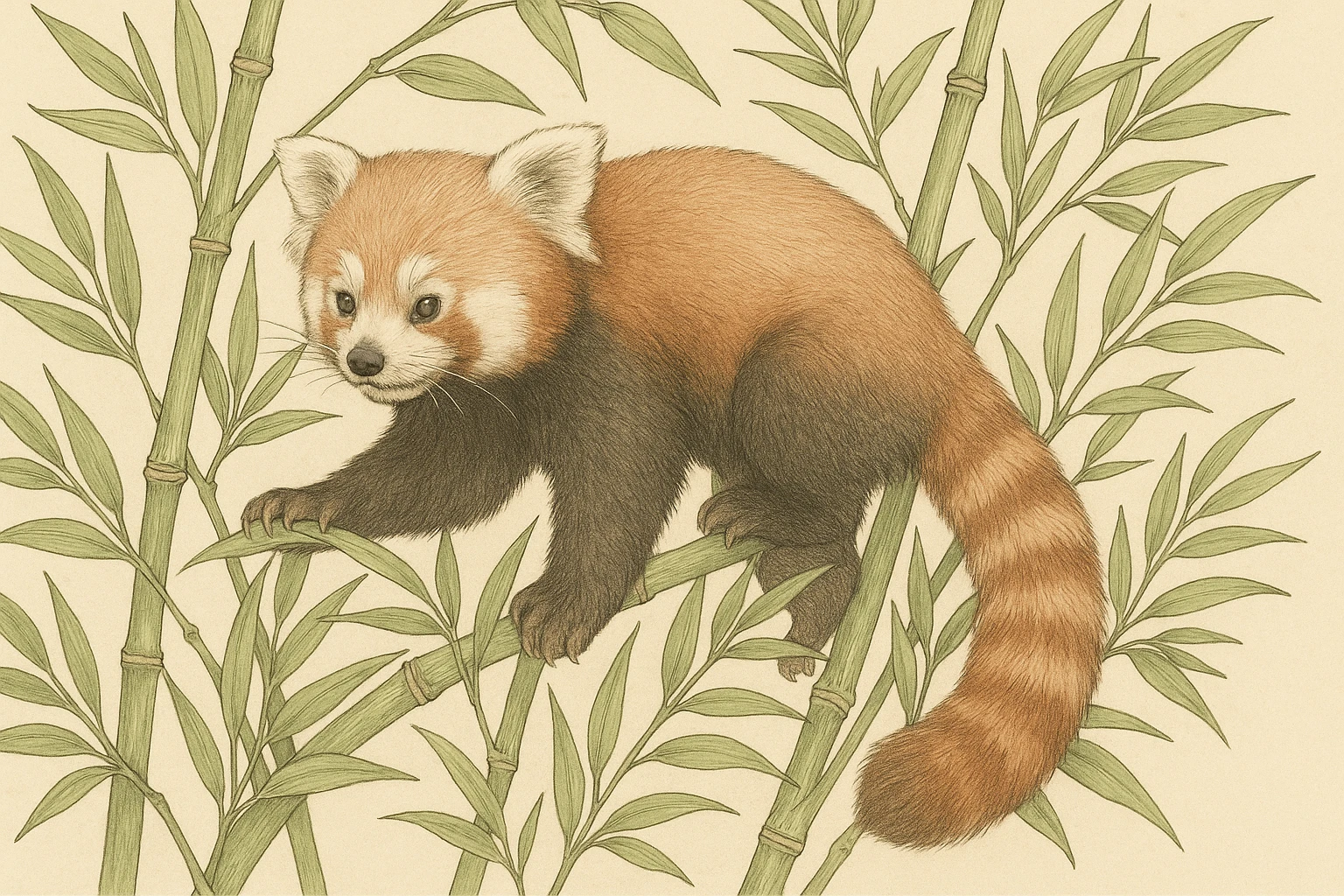 Creation by creationbyai: A botanical-style illustration of a red panda climbing through green bamboo, with fine lines and soft colors, detailed yet artistic, horizontal layout