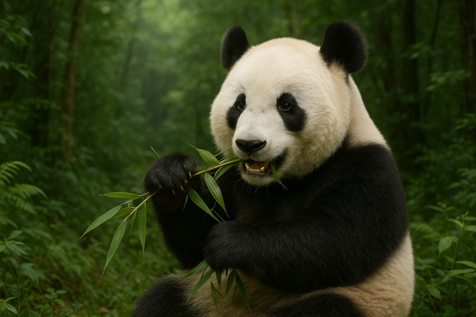 Creation by creationbyai: A realistic photograph of a giant panda sitting and eating bamboo in a lush green forest, detailed black and white fur texture, soft natural lighting, horizontal composition