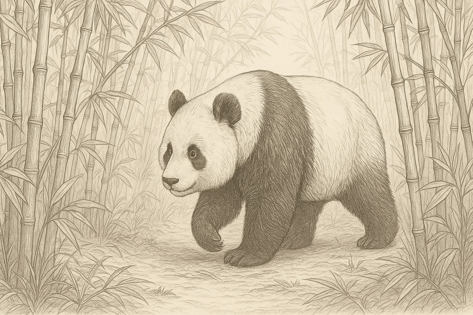 Creation by creationbyai: A hand-drawn illustration of a giant panda walking through bamboo groves, fine line art with soft shading, artistic yet natural, horizontal layout