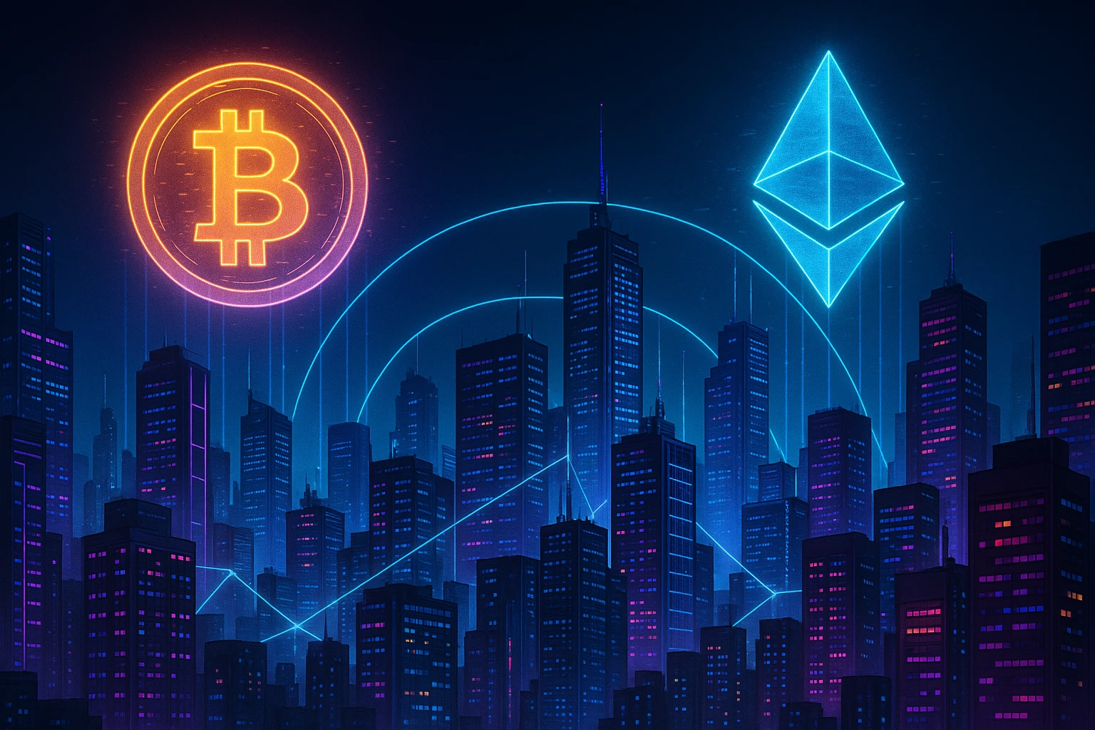 Creation by creationbyai: Horizontal layout, futuristic cyberpunk city skyline glowing with neon lights, giant holographic Bitcoin and Ethereum symbols projected into the sky, digital network lines connecting skyscrapers, high-tech atmosphere