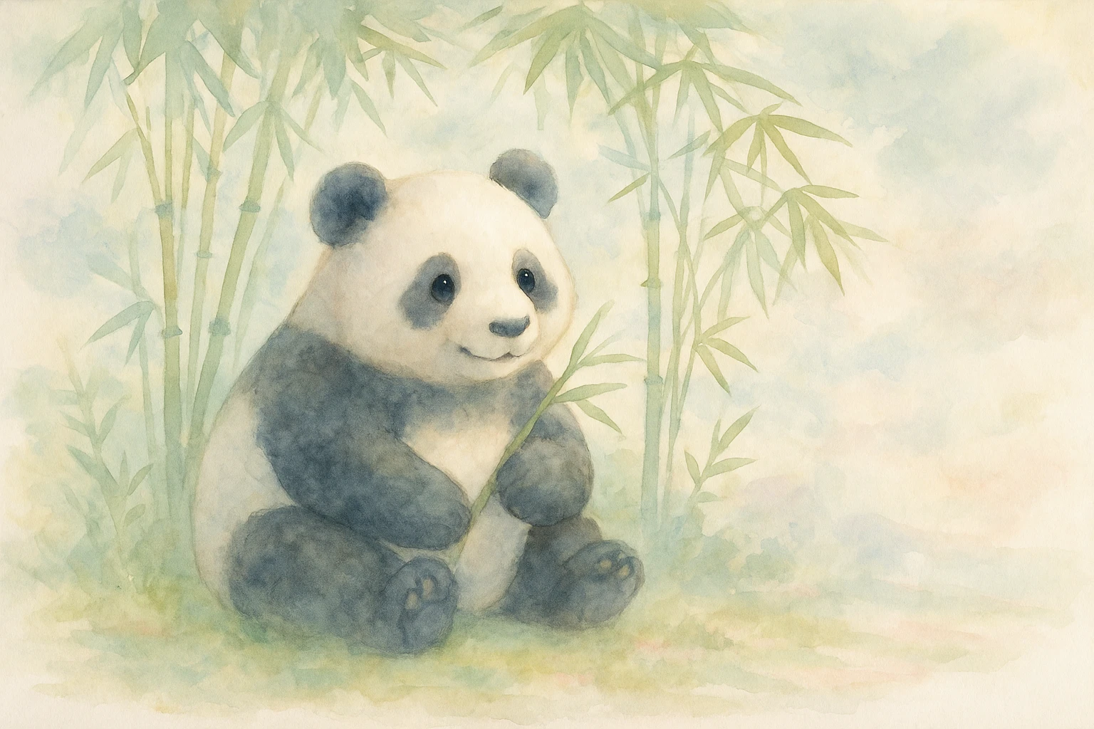 Creation by creationbyai: A delicate watercolor painting of a giant panda sitting under bamboo trees, soft pastel colors and gentle brush strokes, calm and dreamy atmosphere, horizontal composition