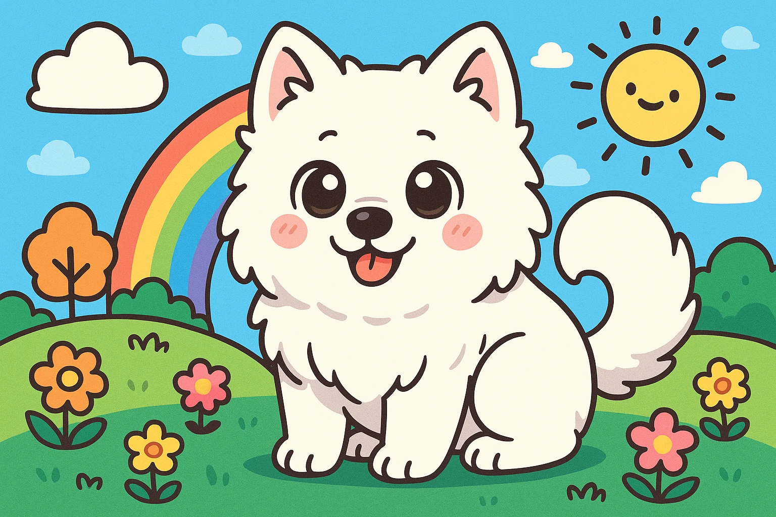 Creation by creationbyai: A cute cartoon-style Samoyed with big round eyes, in a colorful and playful background, anime-inspired design, horizontal format