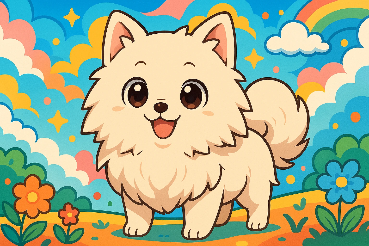 Creation by creationbyai: A cute cartoon-style Spitz with big round eyes, in a colorful and playful background, anime-inspired design, horizontal format