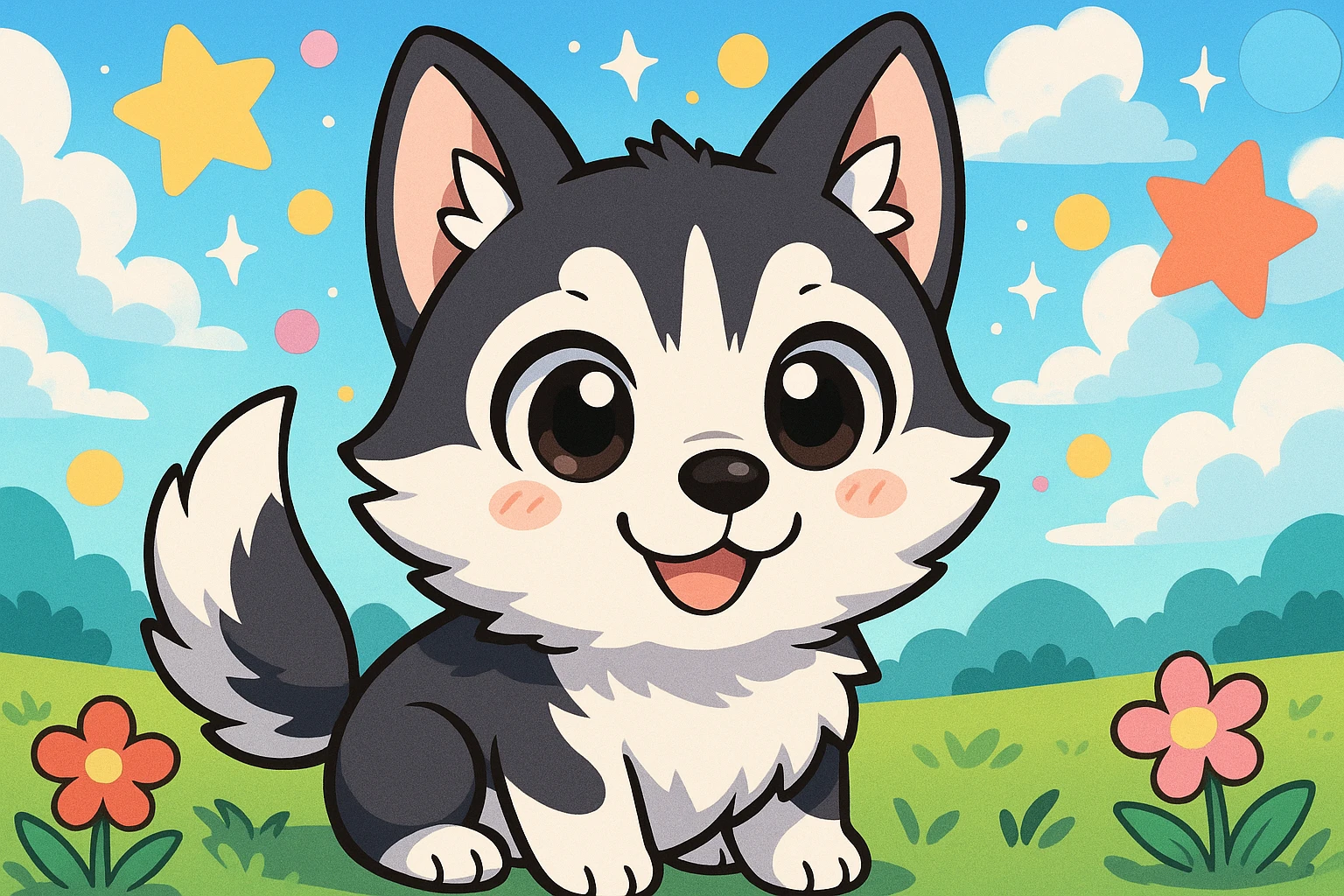 Creation by creationbyai: A cute cartoon-style Siberian Husky with big round eyes, set in a bright and colorful background that feels playful and cheerful. The design is inspired by anime, with exaggerated expressions and a lively atmosphere. The Husky’s fluffy fur and upright ears are highlighted to emphasize its charm, and the scene is presented in a horizontal format.